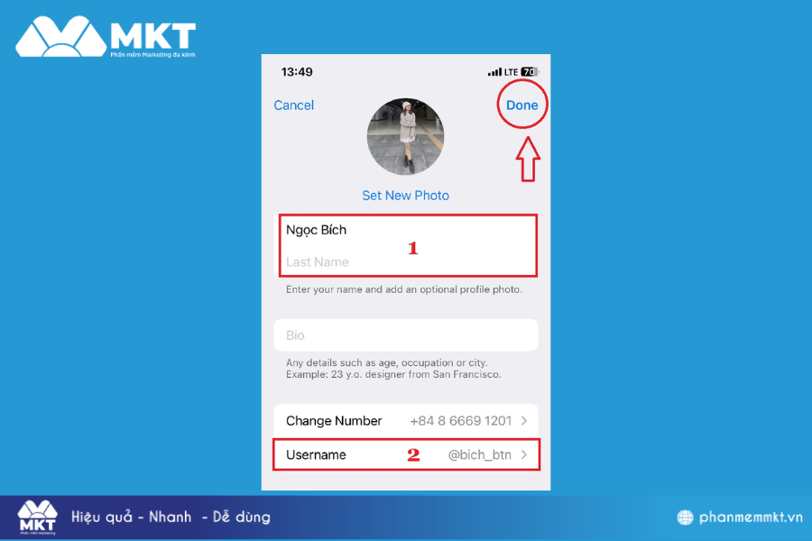 Cuối cùng, nhấn Done để hoàn thành Cách đổi tên Telegram cực dễ thao tác, tiết kiệm thời gian