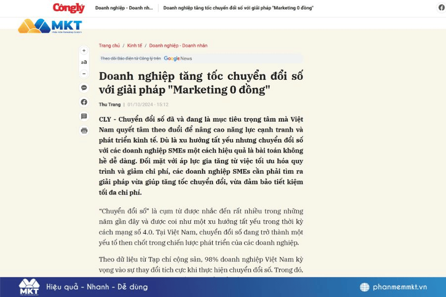 Báo Công Lý chia sẻ về Phần mềm MKT tăng tốc chuyển đổi số với giải pháp "Marketing 0 đồng" Phần Mềm MKT: Giải Pháp Marketing 0 Đồng Đa Kênh Tối Ưu Chi Phí Chuyển Đổi Số