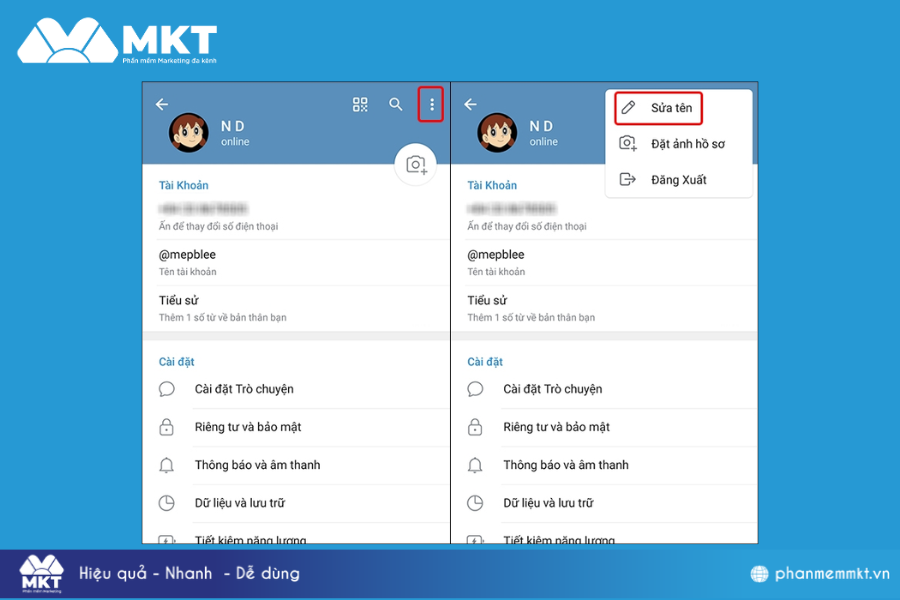 Nhấn vào biểu tượng 3 chấm → Chọn Sửa tên. Cách đổi tên Telegram cực dễ thao tác, tiết kiệm thời gian