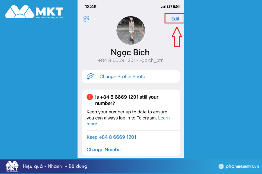 Nhấn vào Edit để chỉnh sửa thông tin tài khoản Cách đổi tên Telegram cực dễ thao tác, tiết kiệm thời gian