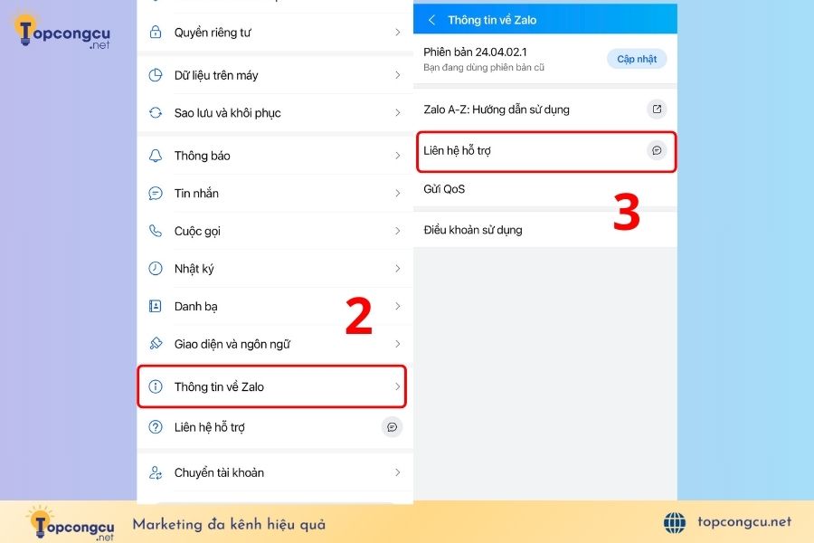 Chọn liên hệ hỗ trợ