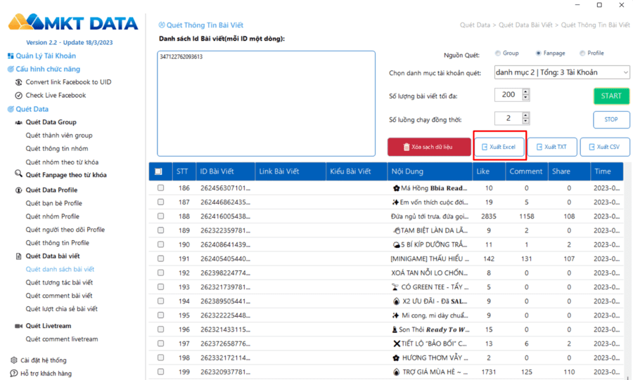 Hướng dẫn quét data bài viết group, fanpage bằng MKT Data